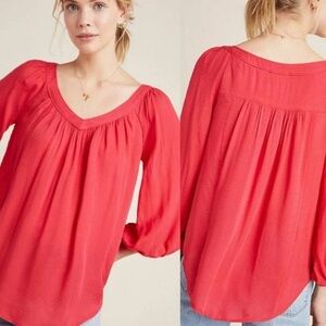 Maeve Anthropologie Boswell Peasant Blouse 3/4 Balloon Sleeves Red Size 12